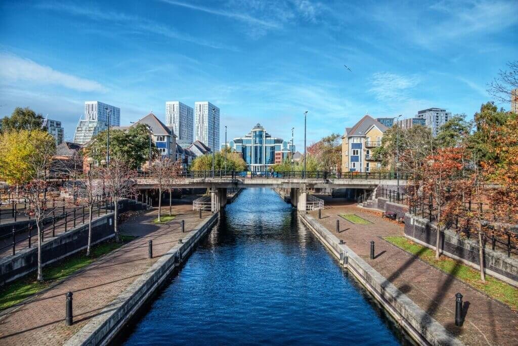 Down the Mariners canal towards the Victoria building, media city
