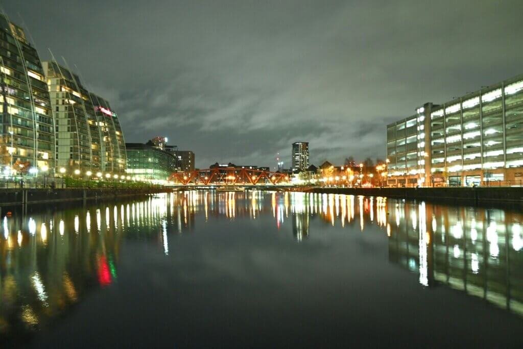 View down the Huron Basin to the swing bridge at Salford Quays